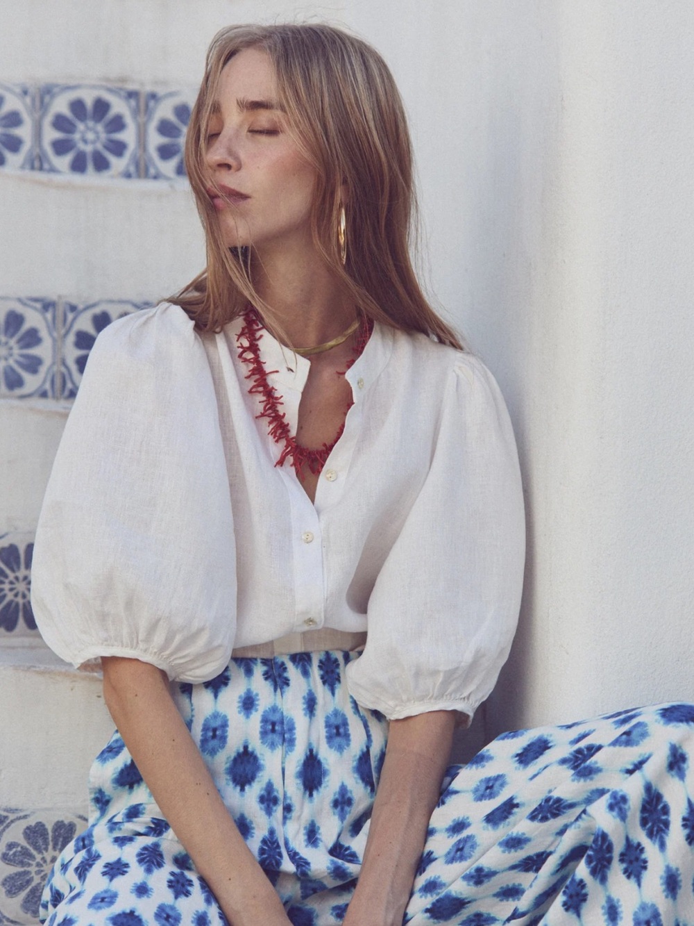 Lanhtropy Puff-Sleeve White Button-Front Blouse